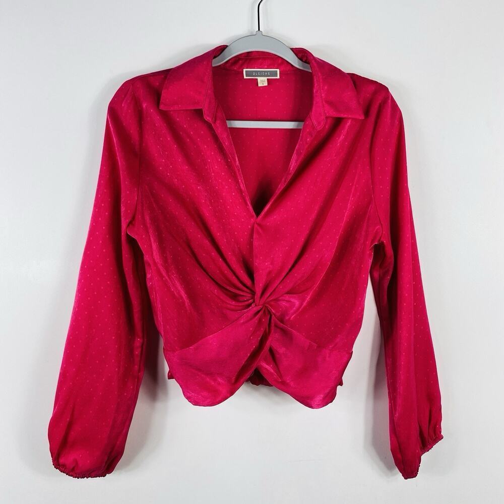 Pleione Top Small Pink Polka Dot Twist Knot Long Sleeve Blouse